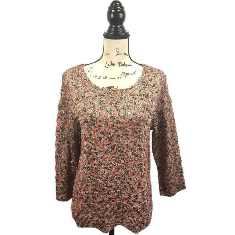 Lark Lane Medium Shirt Open Knit Crew Neck 3/4 Sleeves Womens Top